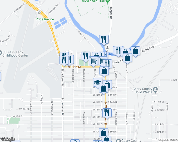 map of restaurants, bars, coffee shops, grocery stores, and more near 210 West Home Street in Junction City