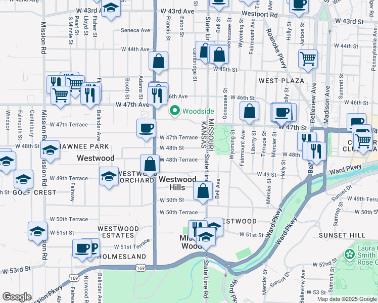 map of restaurants, bars, coffee shops, grocery stores, and more near 2024 West 48th Terrace in Westwood Hills