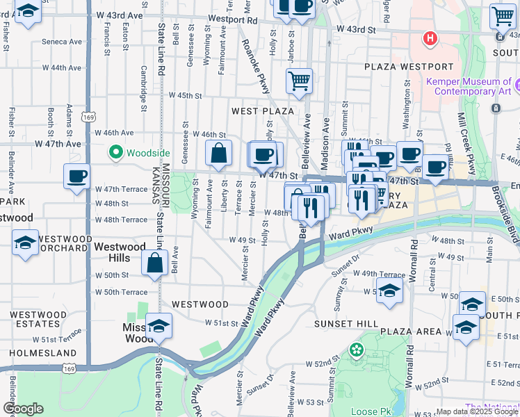 map of restaurants, bars, coffee shops, grocery stores, and more near 1204 West 48th Street in Kansas City