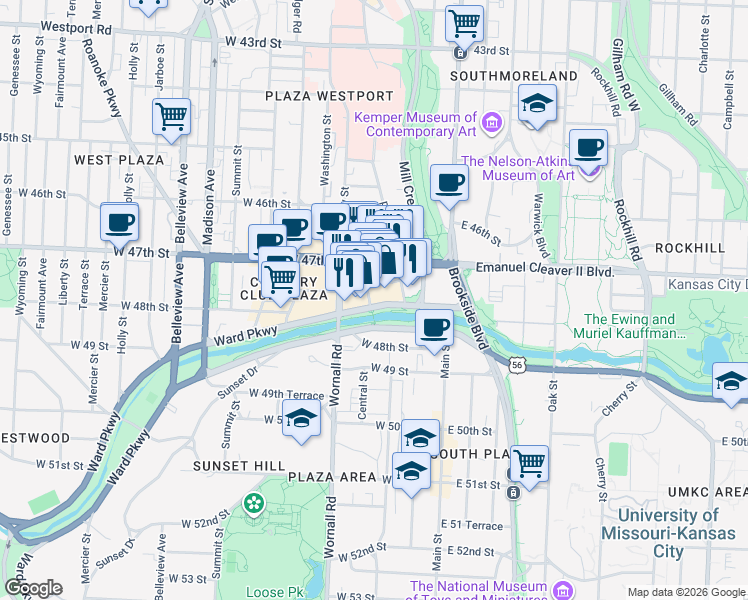 map of restaurants, bars, coffee shops, grocery stores, and more near 414 Hillside Drive in Independence