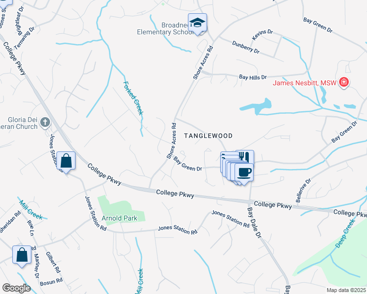map of restaurants, bars, coffee shops, grocery stores, and more near 412 Colonial Ridge Lane in Arnold