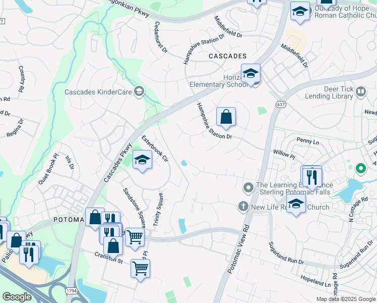 map of restaurants, bars, coffee shops, grocery stores, and more near 20757 Eastlake Court in Sterling