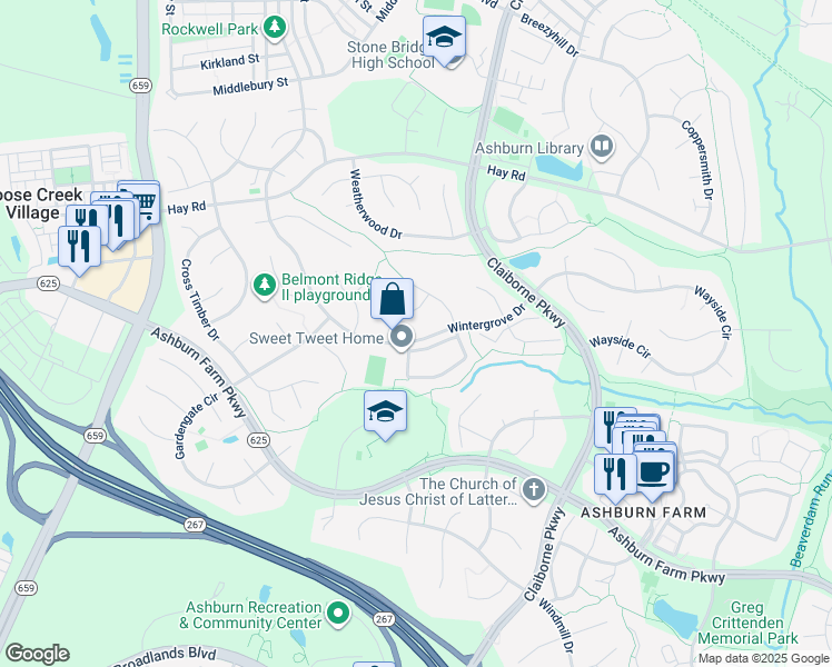 map of restaurants, bars, coffee shops, grocery stores, and more near 43172 Wintergrove Drive in Ashburn