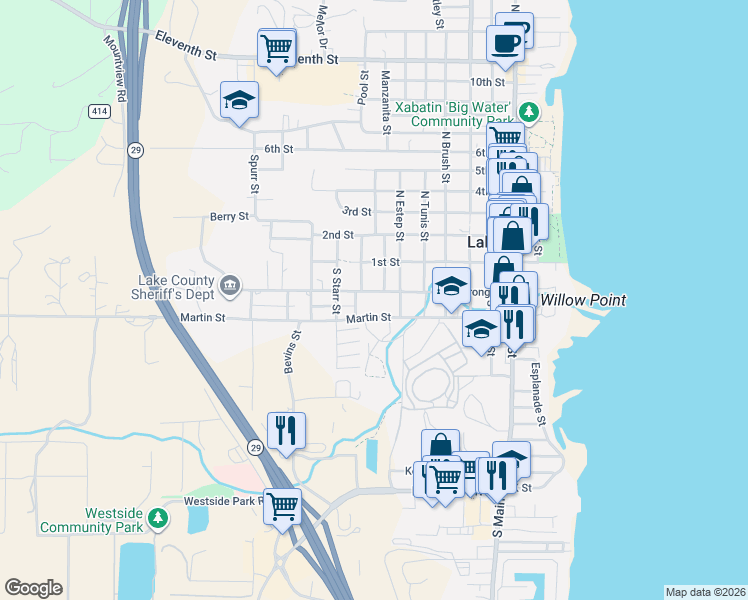 map of restaurants, bars, coffee shops, grocery stores, and more near 687 Armstrong Street in Lakeport
