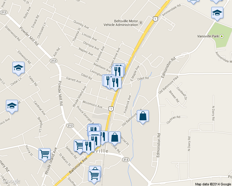 map of restaurants, bars, coffee shops, grocery stores, and more near 5213 Garrett Avenue in Beltsville