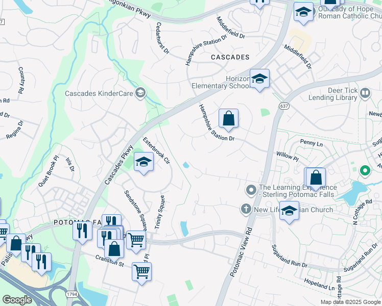 map of restaurants, bars, coffee shops, grocery stores, and more near 20757 Eastlake Court in Sterling