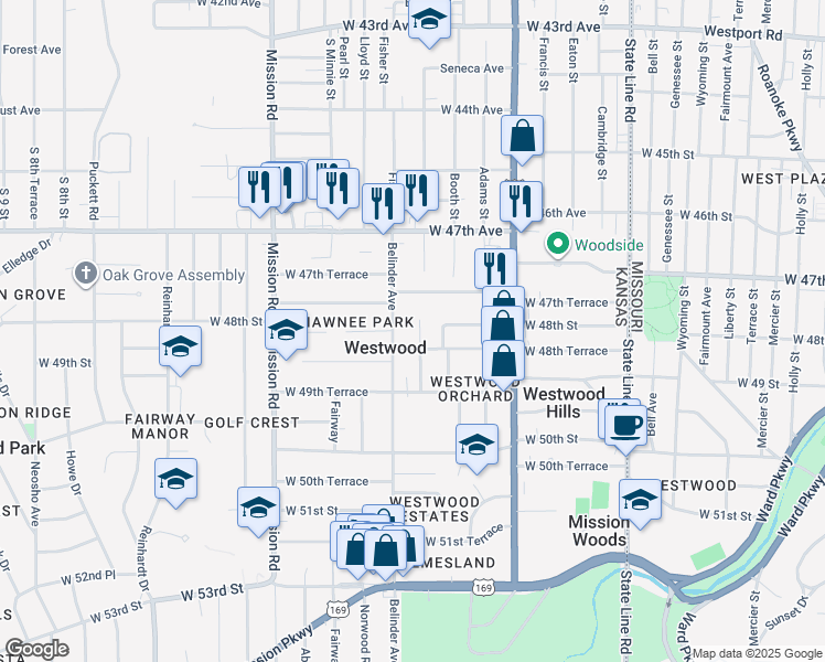 map of restaurants, bars, coffee shops, grocery stores, and more near 4821 Belinder Court in Westwood