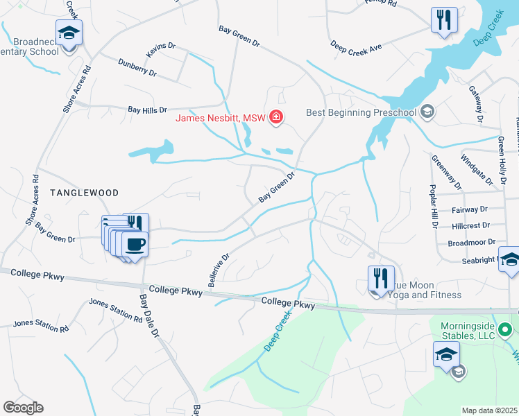 map of restaurants, bars, coffee shops, grocery stores, and more near 543 Bay Green Drive in Arnold
