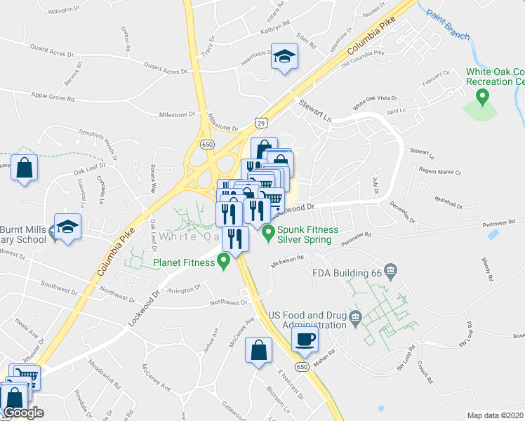 map of restaurants, bars, coffee shops, grocery stores, and more near 11221 New Hampshire Avenue in Silver Spring