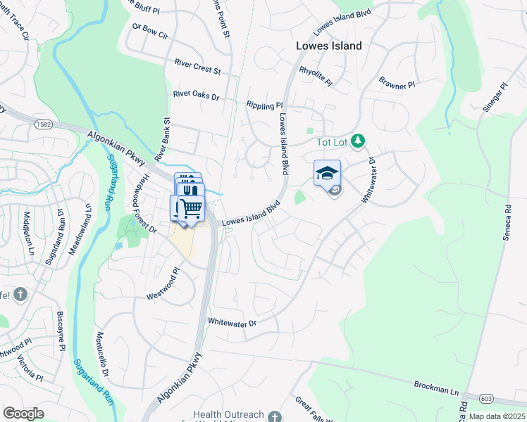 map of restaurants, bars, coffee shops, grocery stores, and more near Lowes Island Blvd & Buoy Pl in Loudoun