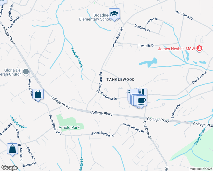 map of restaurants, bars, coffee shops, grocery stores, and more near 412 Colonial Ridge Lane in Arnold