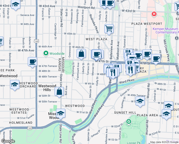 map of restaurants, bars, coffee shops, grocery stores, and more near 4808 Mercier Street in Kansas City