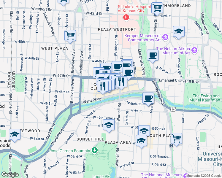 map of restaurants, bars, coffee shops, grocery stores, and more near 4760 Broadway Boulevard in Kansas City