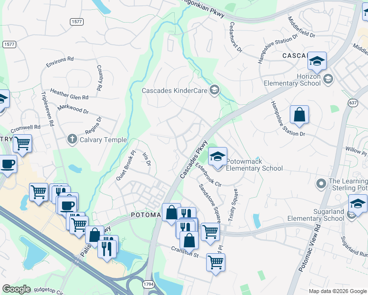 map of restaurants, bars, coffee shops, grocery stores, and more near 20803 Wallingford Square in Sterling