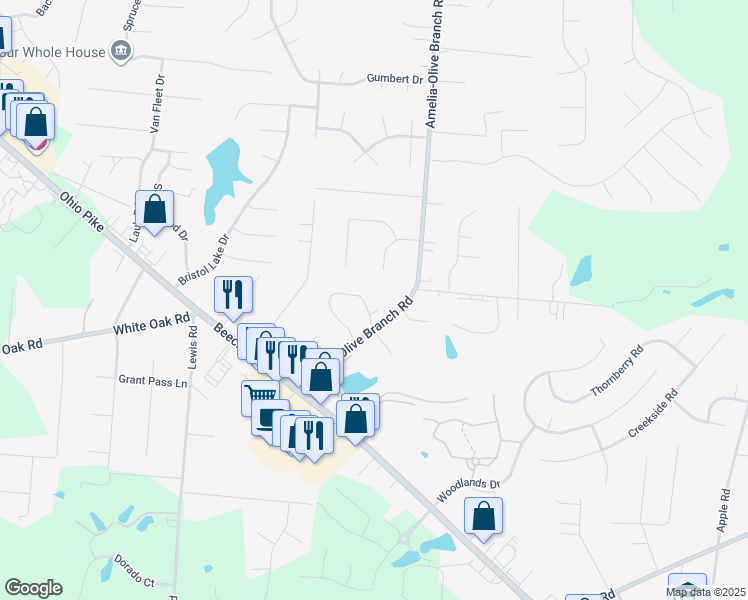 map of restaurants, bars, coffee shops, grocery stores, and more near 65 Amelia-Olive Branch Road in Amelia