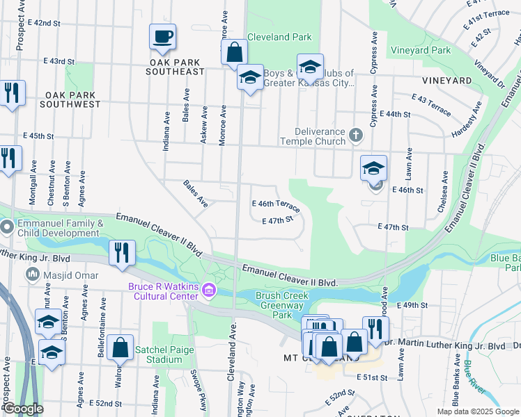 map of restaurants, bars, coffee shops, grocery stores, and more near 3904 East 47th Street in Kansas City
