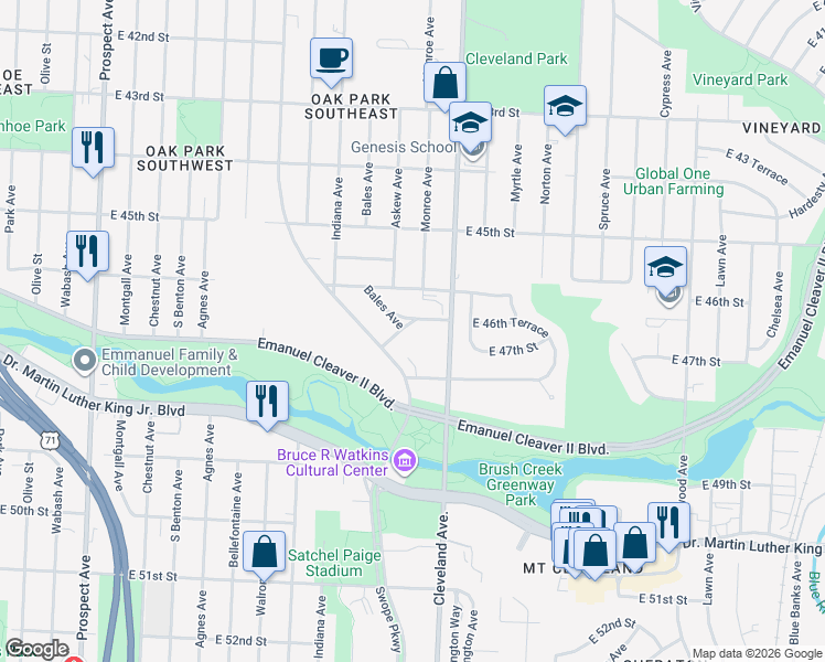 map of restaurants, bars, coffee shops, grocery stores, and more near 3625 East 46th Street in Kansas City