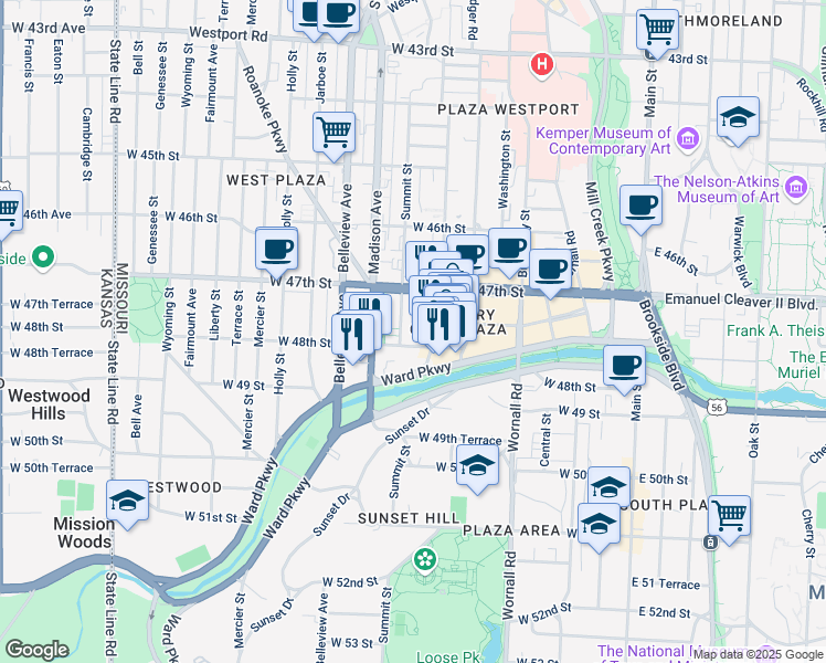 map of restaurants, bars, coffee shops, grocery stores, and more near 803 West 48th Street in Kansas City