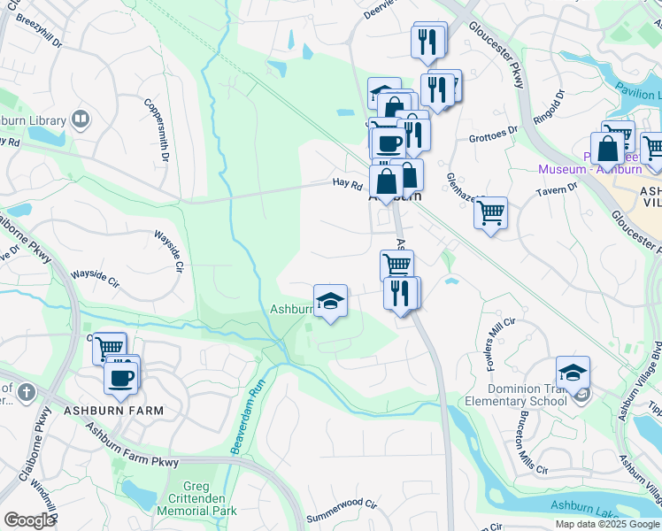 map of restaurants, bars, coffee shops, grocery stores, and more near 20752 Ashburn Station Place in Ashburn