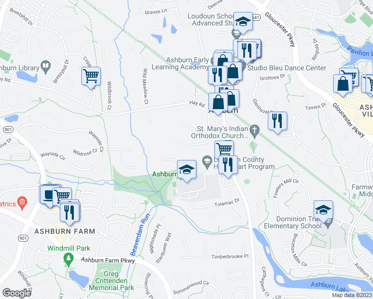 map of restaurants, bars, coffee shops, grocery stores, and more near 20752 Ashburn Station Place in Ashburn