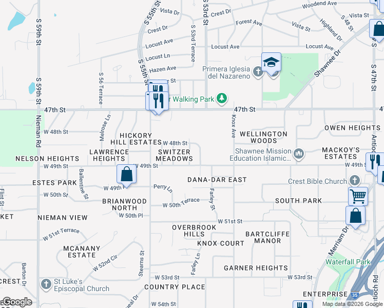 map of restaurants, bars, coffee shops, grocery stores, and more near 4811 Wedd Street in Shawnee