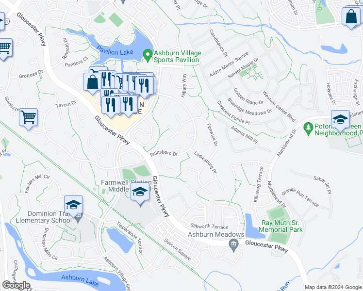map of restaurants, bars, coffee shops, grocery stores, and more near 20781 Rainsboro Drive in Ashburn