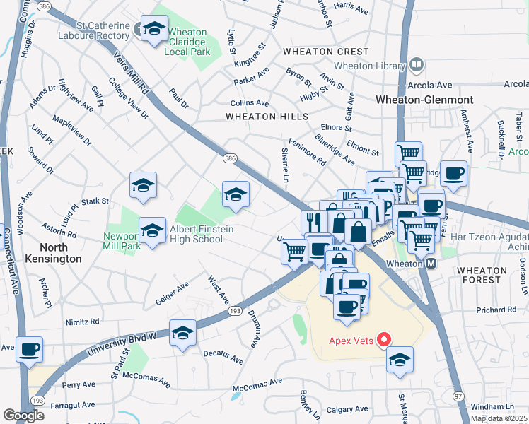 map of restaurants, bars, coffee shops, grocery stores, and more near 11313 College View Drive in Silver Spring