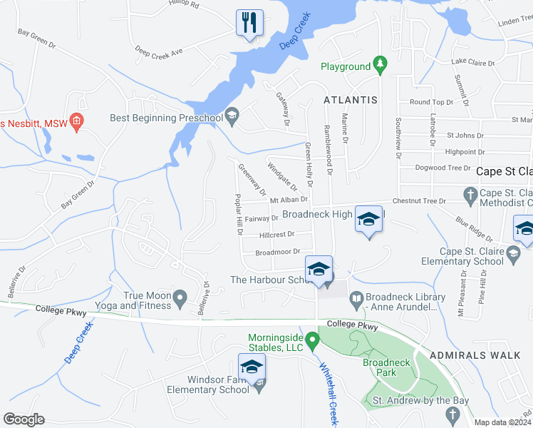 map of restaurants, bars, coffee shops, grocery stores, and more near 710 Fairway Drive in Annapolis