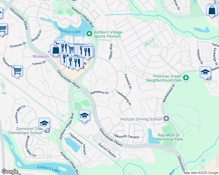 map of restaurants, bars, coffee shops, grocery stores, and more near 20781 Rainsboro Drive in Ashburn