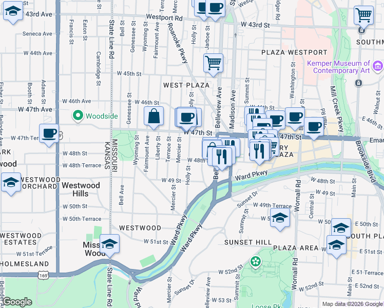 map of restaurants, bars, coffee shops, grocery stores, and more near 4805 Holly Street in Kansas City