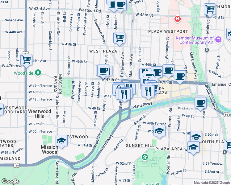 map of restaurants, bars, coffee shops, grocery stores, and more near 4727 Jarboe Street in Kansas City