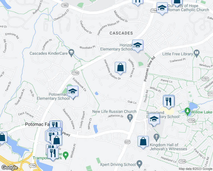 map of restaurants, bars, coffee shops, grocery stores, and more near 20775 Windemere Court in Sterling