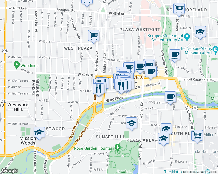 map of restaurants, bars, coffee shops, grocery stores, and more near 4730 Summit Street in Kansas City