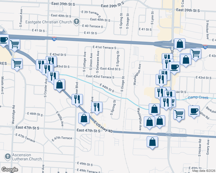 map of restaurants, bars, coffee shops, grocery stores, and more near 13114 East 44th Terrace South in Independence