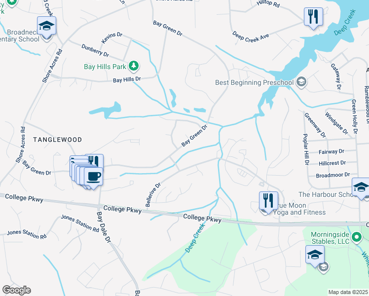 map of restaurants, bars, coffee shops, grocery stores, and more near 543 Bay Green Drive in Arnold