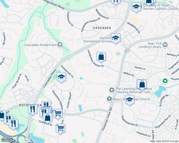 map of restaurants, bars, coffee shops, grocery stores, and more near 20775 Windemere Court in Sterling