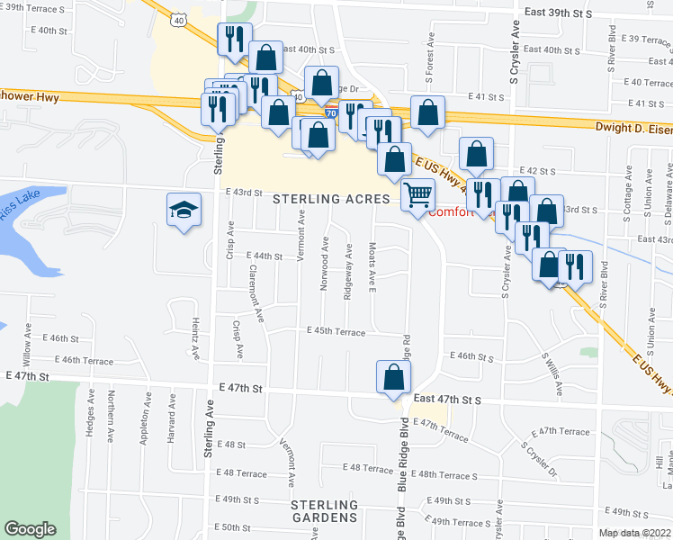 map of restaurants, bars, coffee shops, grocery stores, and more near East 44th Terrace in Kansas City