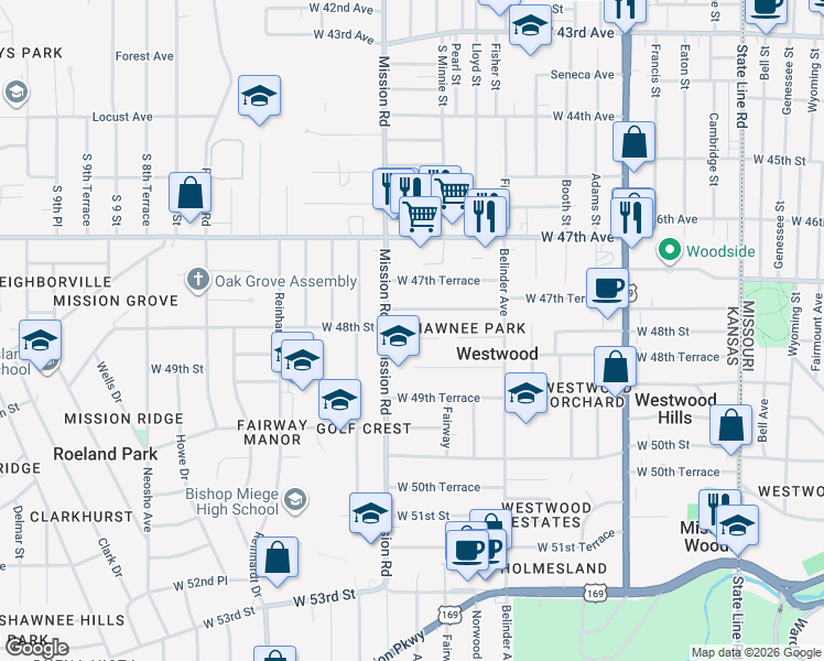 map of restaurants, bars, coffee shops, grocery stores, and more near 2930 West 49th Street in Westwood