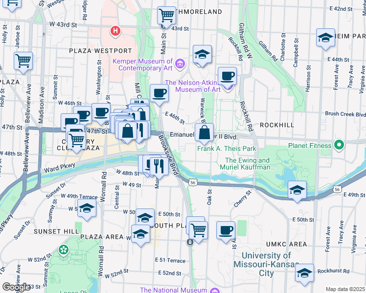 map of restaurants, bars, coffee shops, grocery stores, and more near 4717 Grand Avenue in Kansas City