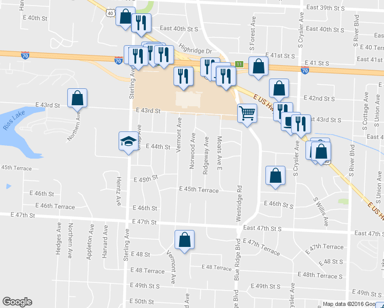 map of restaurants, bars, coffee shops, grocery stores, and more near 11700 East 44th Terrace in Kansas City