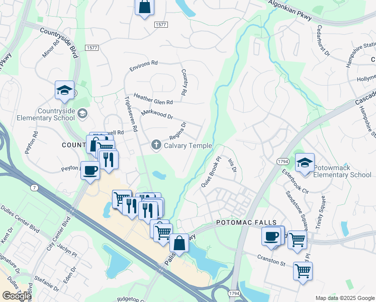 map of restaurants, bars, coffee shops, grocery stores, and more near 285 Terrie Drive in Sterling