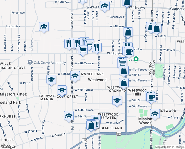 map of restaurants, bars, coffee shops, grocery stores, and more near 2700 West 48th Street in Westwood
