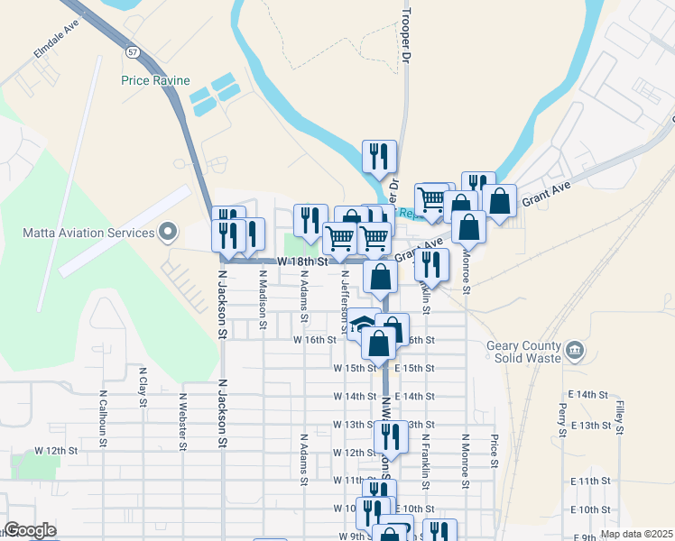 map of restaurants, bars, coffee shops, grocery stores, and more near 1764 North Jefferson Street in Junction City