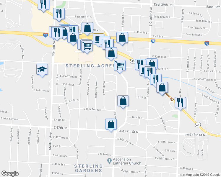 map of restaurants, bars, coffee shops, grocery stores, and more near 11920 East 44th Terrace in Kansas City