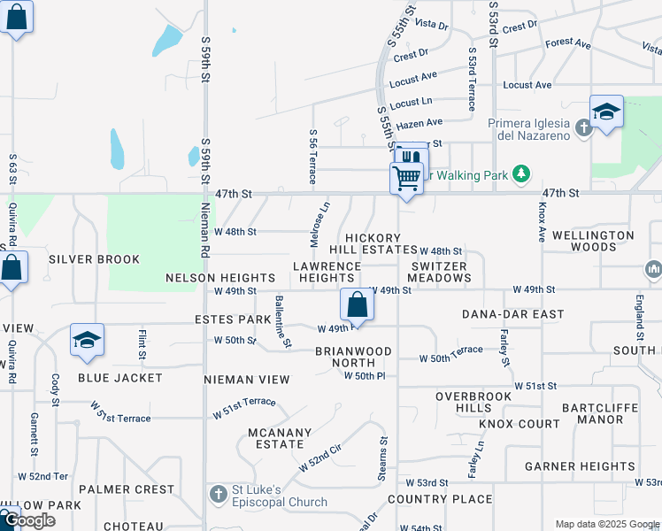 map of restaurants, bars, coffee shops, grocery stores, and more near 4802 Stearns Lane in Shawnee