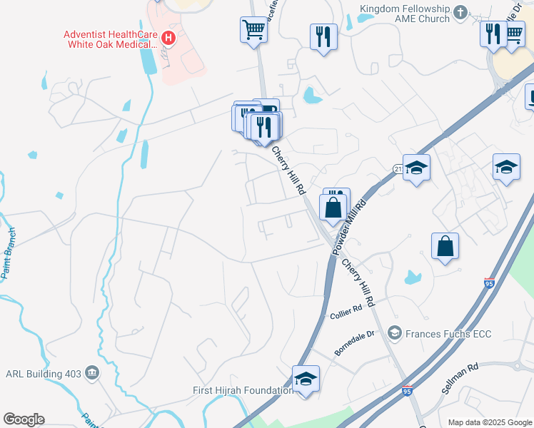 map of restaurants, bars, coffee shops, grocery stores, and more near 11346 Cherry Hill Road in Beltsville