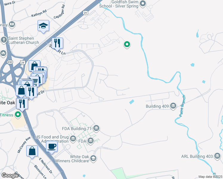 map of restaurants, bars, coffee shops, grocery stores, and more near 1627 Whitehall Drive in Silver Spring