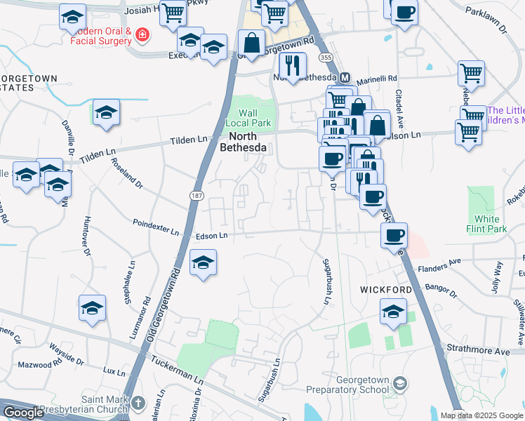 map of restaurants, bars, coffee shops, grocery stores, and more near 5811 Edson Lane in Rockville