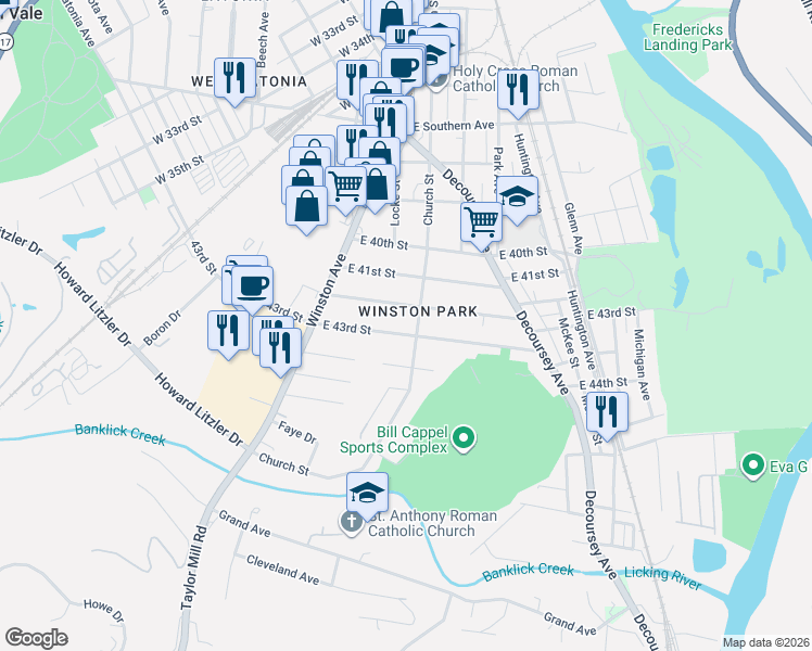 map of restaurants, bars, coffee shops, grocery stores, and more near 4115 Church Street in Covington
