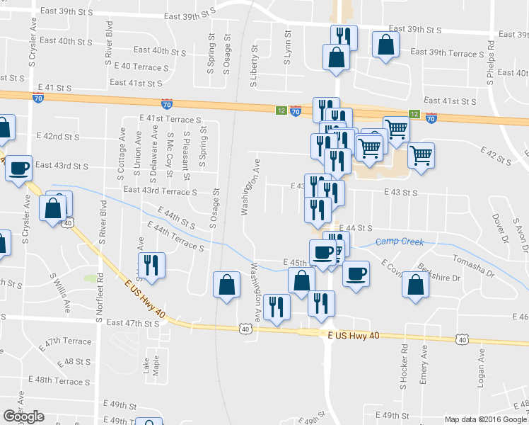 map of restaurants, bars, coffee shops, grocery stores, and more near 4311 South Liberty Street in Independence
